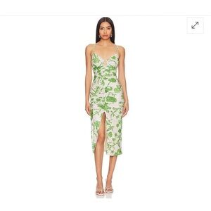 Astr Green and White Floral Midi Dress with Front Slit